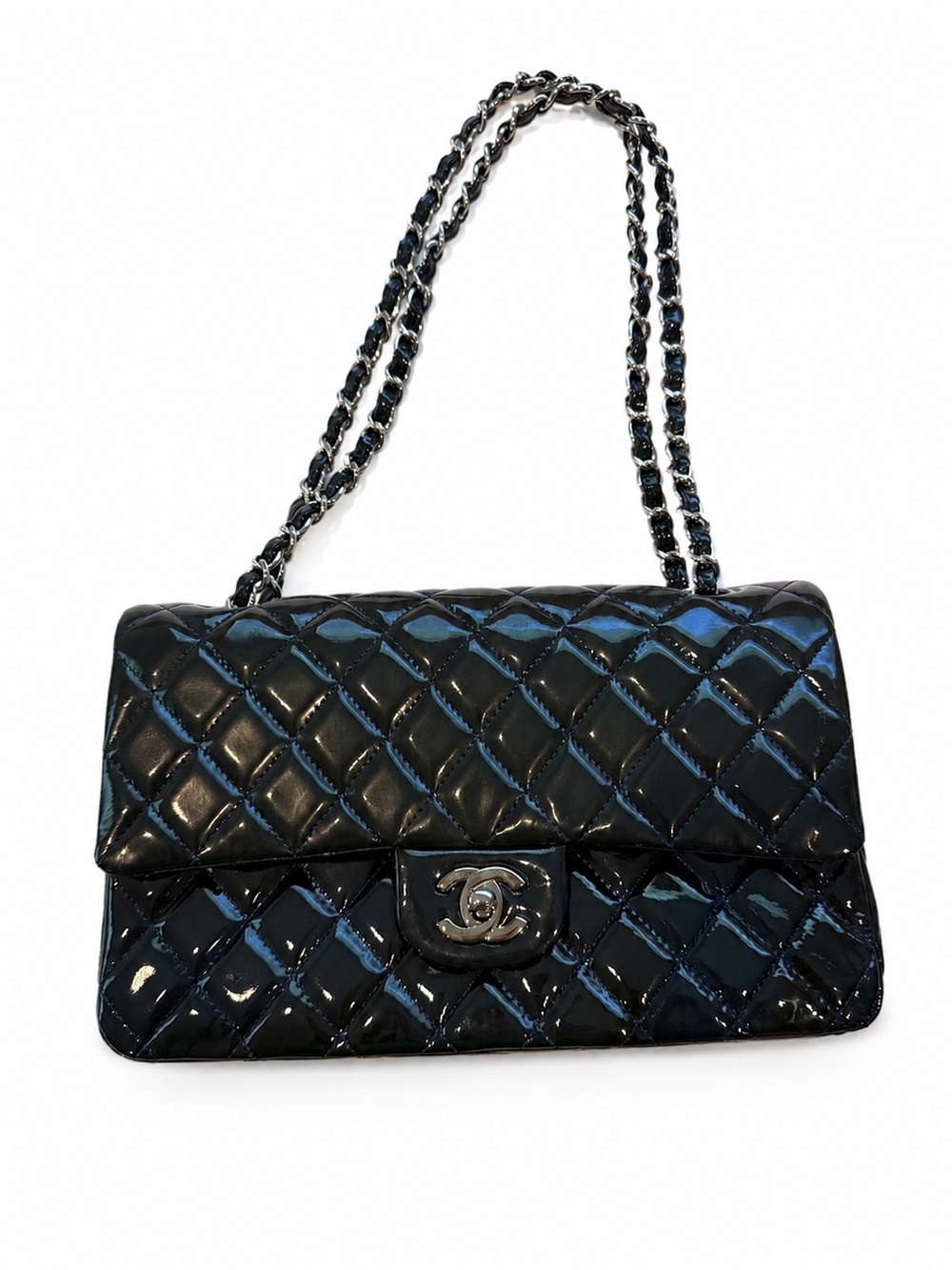 CHANEL Dark Green/Black Quilted Patent Leather Double Flap Bag with Chain Strap